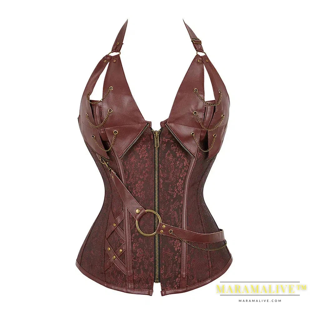 Women Medieval Viking Pirate Costume Gothic Leather Overbust Corselet Steampunk Corset Vest Knight Halloween Cosplay Plus Size