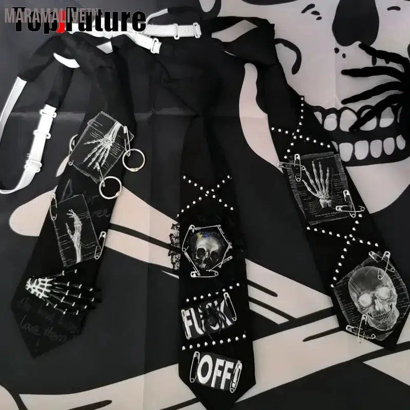 Women Men Y2K Girl Boy Gothic Harajuku Punk Steampunk Pre-Tied Ties Skeleton Necktie Accessories Halloween Cosplay Tie Choker