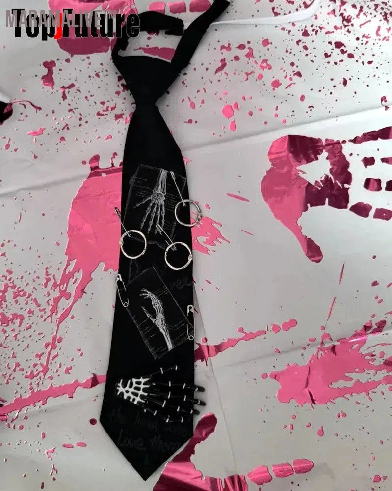 Women Men Y2K Girl Boy Gothic Harajuku Punk Steampunk Pre-Tied Ties Skeleton Necktie Accessories Halloween Cosplay Tie Choker