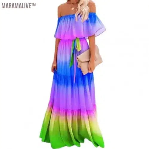 Women Off Shoulder Dress Sexy Strapless High Waist Rainbow Gradient Color Floral Print Large Hem Belt Maxi Dress