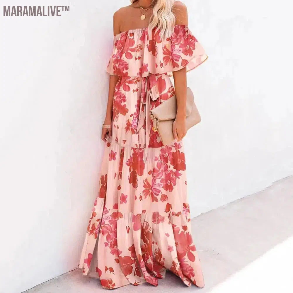 Women Off Shoulder Dress Sexy Strapless High Waist Rainbow Gradient Color Floral Print Large Hem Belt Maxi Dress