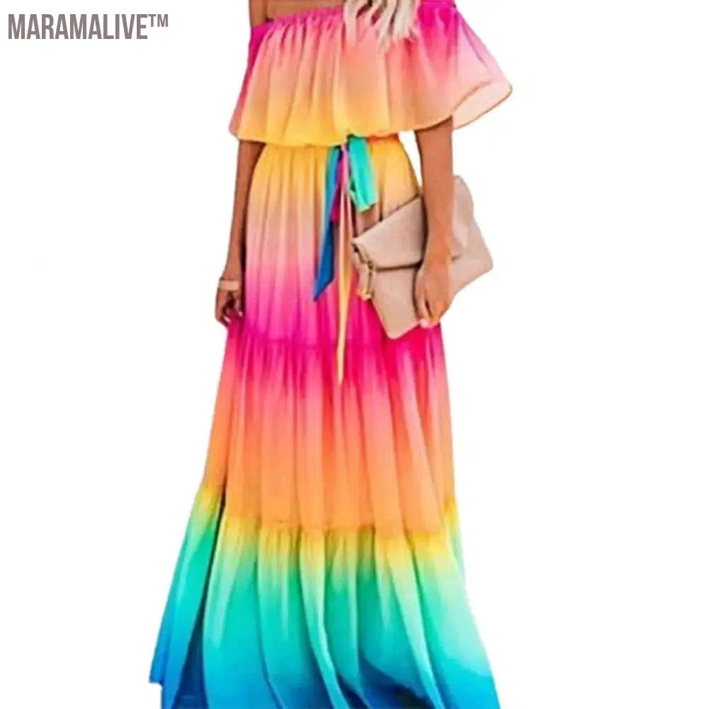 Women Off Shoulder Dress Sexy Strapless High Waist Rainbow Gradient Color Floral Print Large Hem Belt Maxi Dress