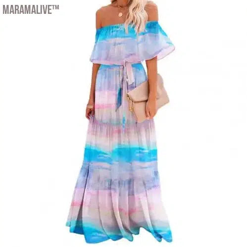 Women Off Shoulder Dress Sexy Strapless High Waist Rainbow Gradient Color Floral Print Large Hem Belt Maxi Dress