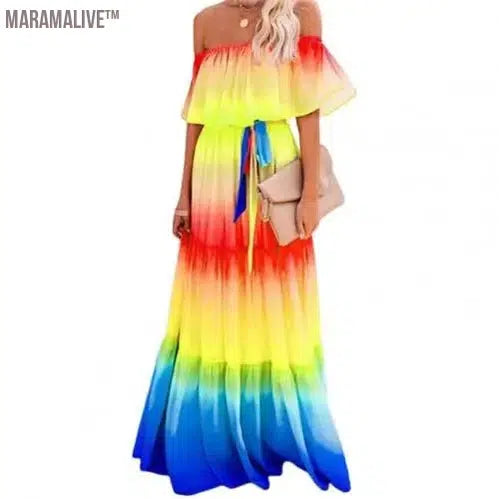 Women Off Shoulder Dress Sexy Strapless High Waist Rainbow Gradient Color Floral Print Large Hem Belt Maxi Dress