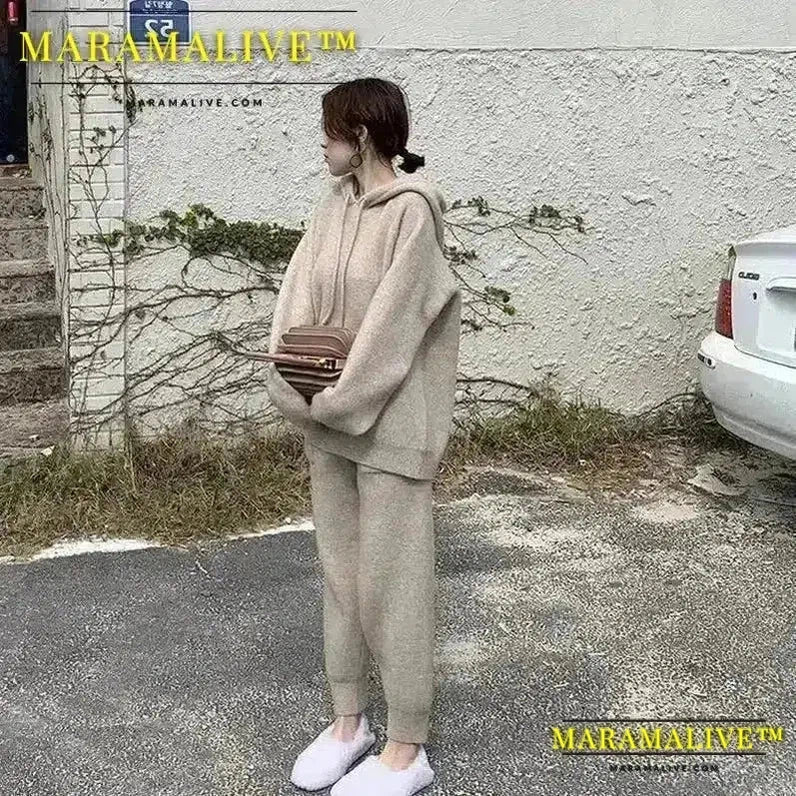 Women Pants Set Casual Loose Knitted Sweater Hooded Drawstring Full Sleeve Top Slit Long Elastic Waist Pencil Two Pieces Suits