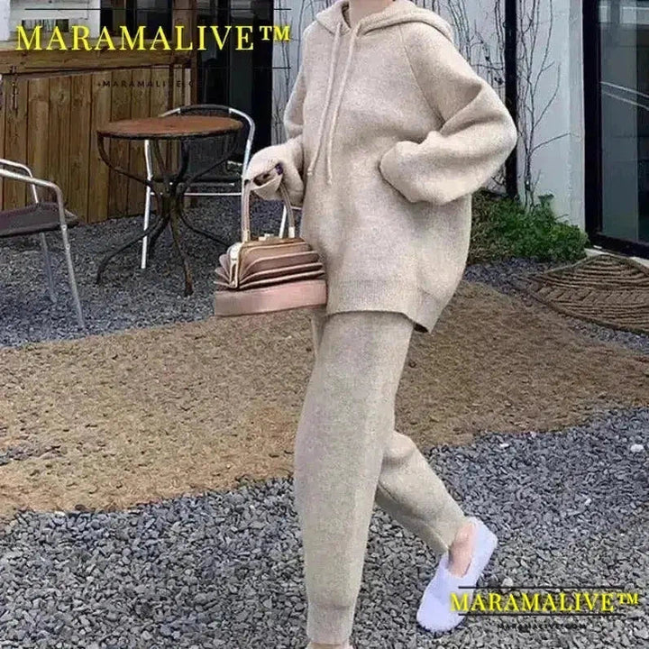 Women Pants Set Casual Loose Knitted Sweater Hooded Drawstring Full Sleeve Top Slit Long Elastic Waist Pencil Two Pieces Suits