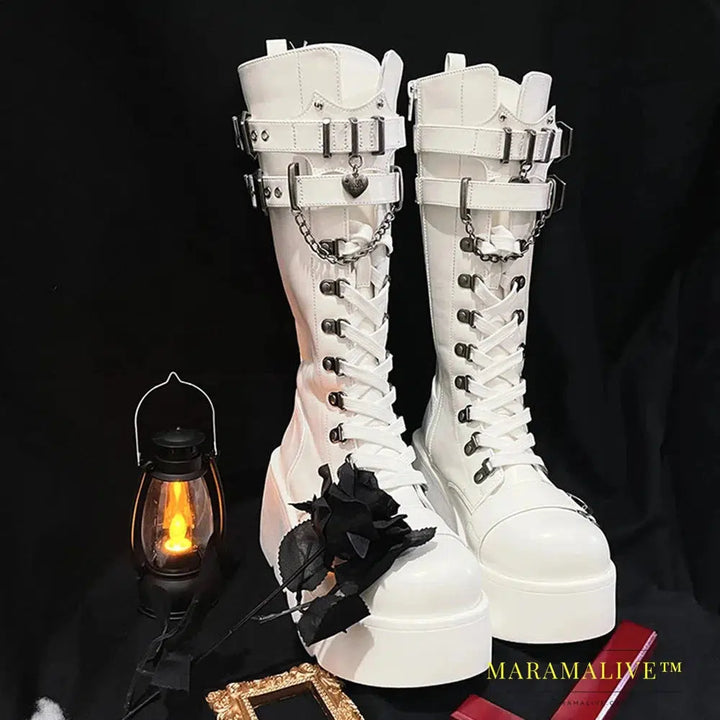 Women Platform Gothic Ankle Combat Boots Rivet Chain Wedges Punk Cosplay Zip Booties Autumn Winter Motorcycle Shoes