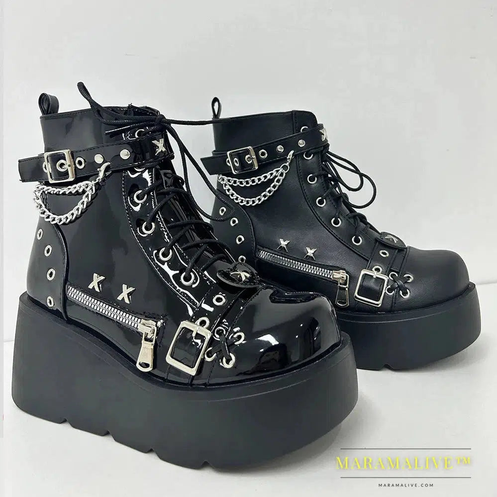 Women Platform Gothic Ankle Combat Boots Rivet Chain Wedges Punk Cosplay Zip Booties Autumn Winter Motorcycle Shoes