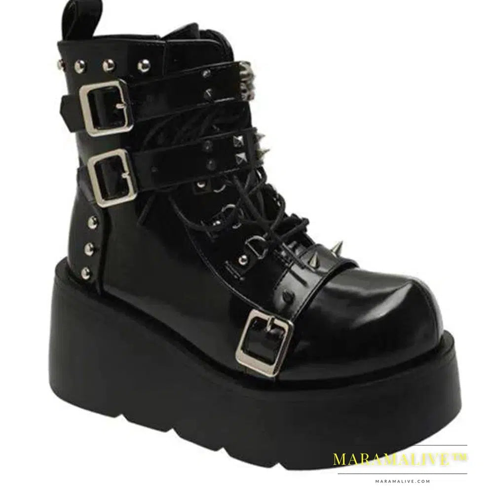 Women Platform Gothic Ankle Combat Boots Rivet Chain Wedges Punk Cosplay Zip Booties Autumn Winter Motorcycle Shoes