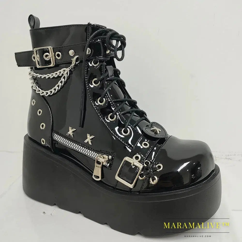 Women Platform Gothic Ankle Combat Boots Rivet Chain Wedges Punk Cosplay Zip Booties Autumn Winter Motorcycle Shoes