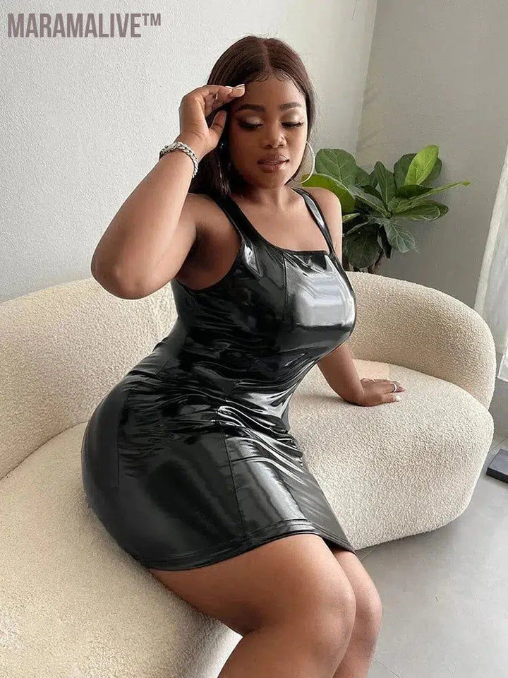 Women Plus Size Faux Latex Mini Dress Sexy Sleeveless Tank Bodycon Dress Ladies Large Size Shiny Patent Leather Clubwear 6XL 7XL