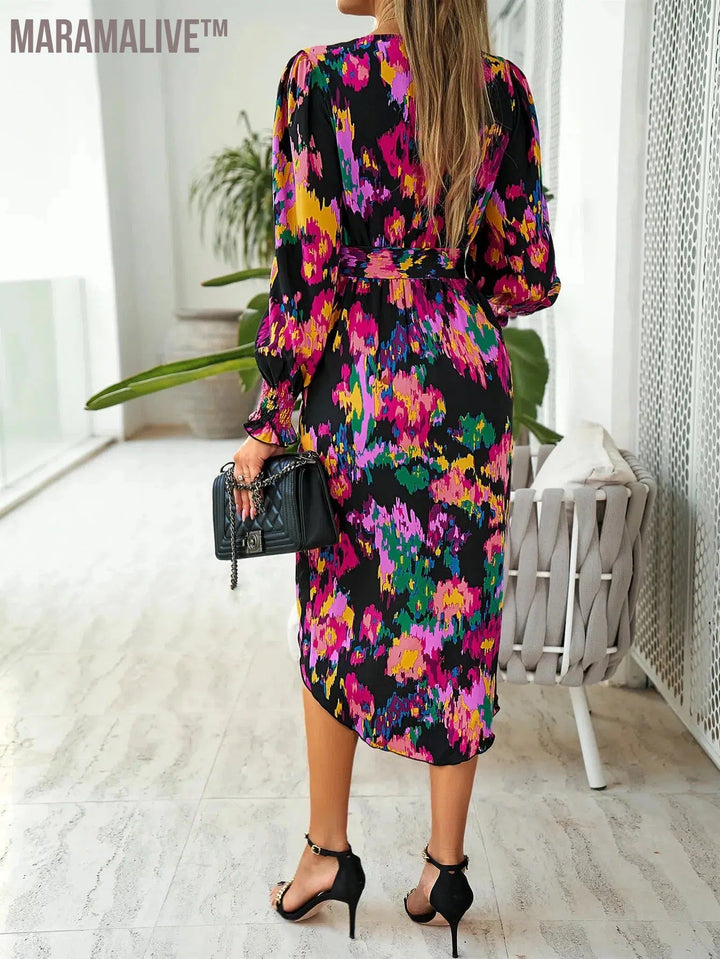 Women Print Skirt V-Neck Retro Irregularly Pleated Zou Long Dress Long Sleeve Floral Midi Women Dress Casual Elegant Dresses