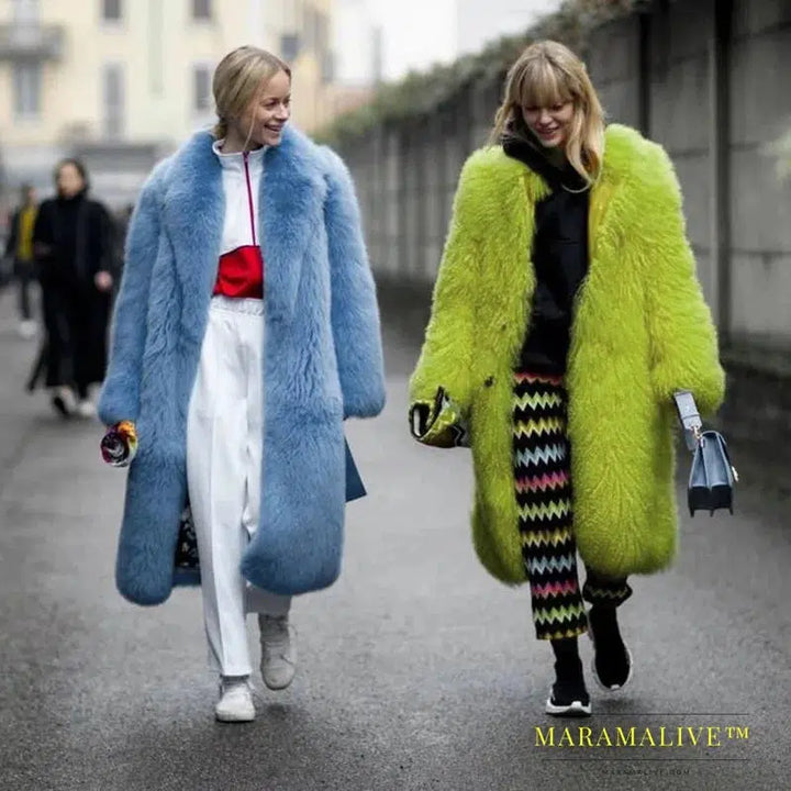 Women Purple Thick Faux Fur Jacket Colorblock Autumn Winter Maxi Coat Long Warm Luxury Belt Fur Parkas Furry Outerwear