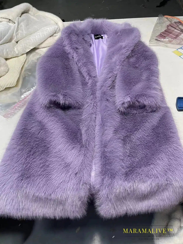 Women Purple Thick Faux Fur Jacket Colorblock Autumn Winter Maxi Coat Long Warm Luxury Belt Fur Parkas Furry Outerwear