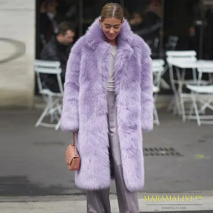 Women Purple Thick Faux Fur Jacket Colorblock Autumn Winter Maxi Coat Long Warm Luxury Belt Fur Parkas Furry Outerwear