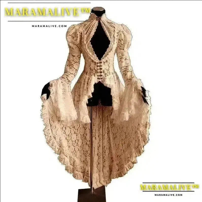 Women S-5XL Cosplay Dress Gothic Style Asymmetrical Dress Halloween Retro Vintage Solid Lace Medieval Cardigan Cosplay