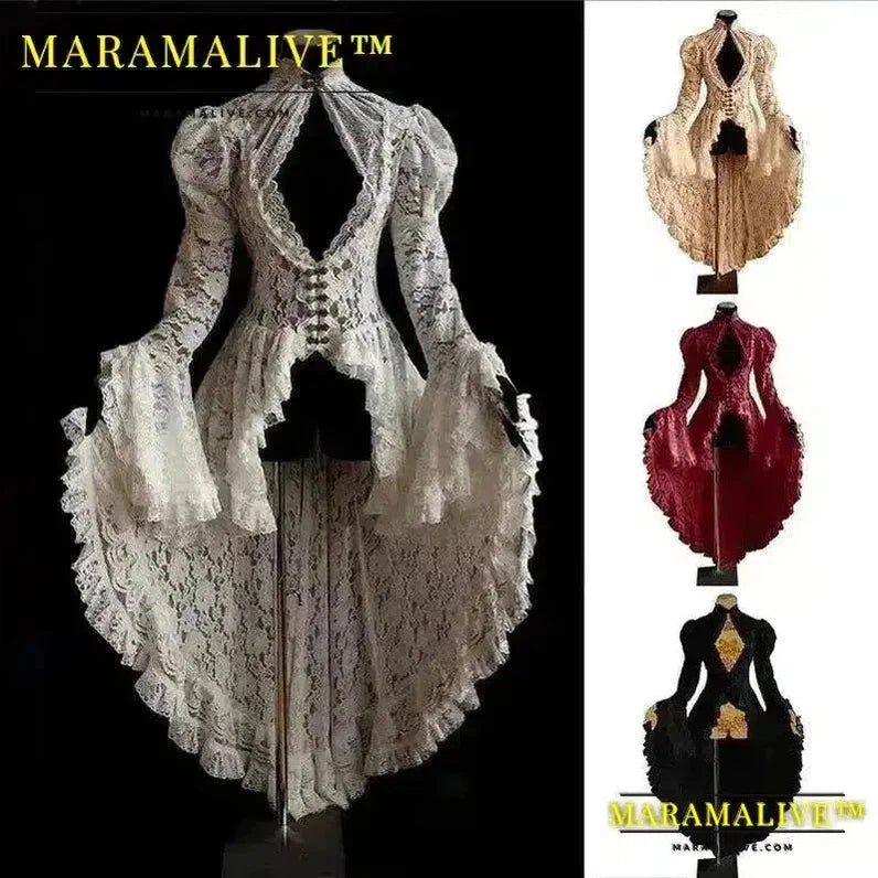 Women S-5XL Cosplay Dress Gothic Style Asymmetrical Dress Halloween Retro Vintage Solid Lace Medieval Cardigan Cosplay