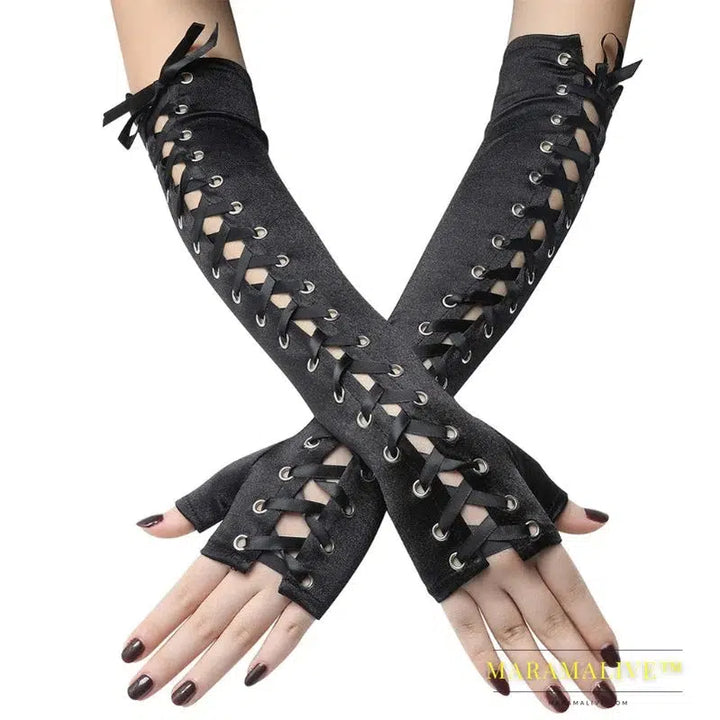 Women Sexy Lace Long Gloves Winter Elbow Length Half-finger Gloves Ribbon Fingerless Fishnet Mesh Etiquette Party Goth Gloves