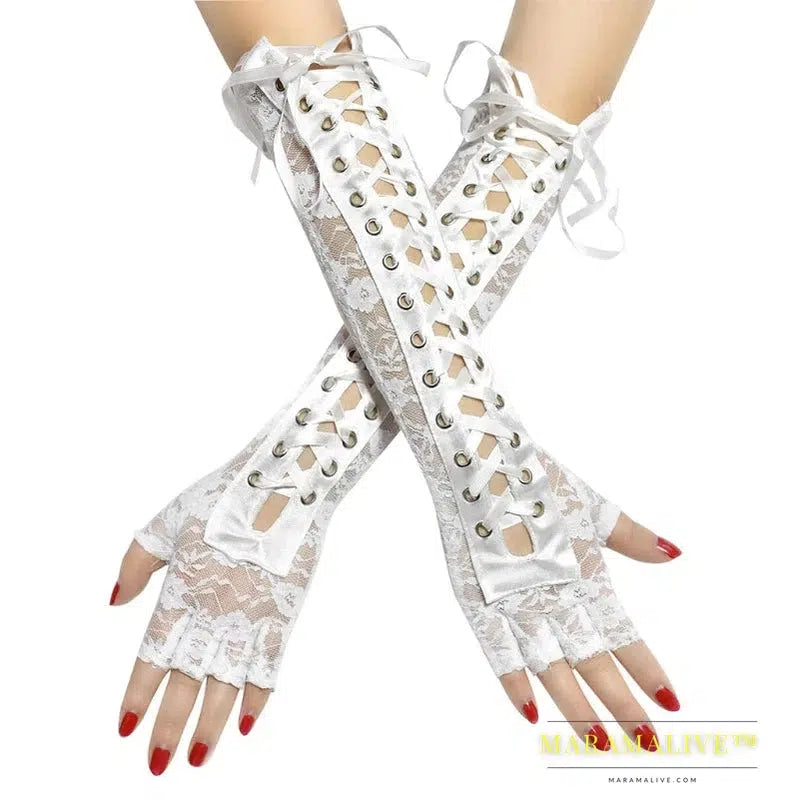 Women Sexy Lace Long Gloves Winter Elbow Length Half-finger Gloves Ribbon Fingerless Fishnet Mesh Etiquette Party Goth Gloves