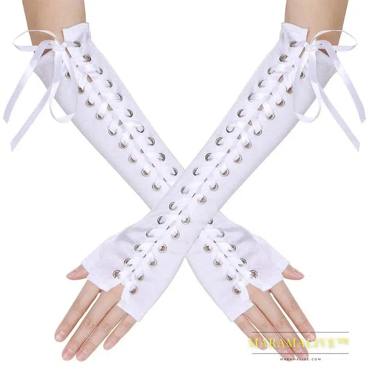 Women Sexy Lace Long Gloves Winter Elbow Length Half-finger Gloves Ribbon Fingerless Fishnet Mesh Etiquette Party Goth Gloves