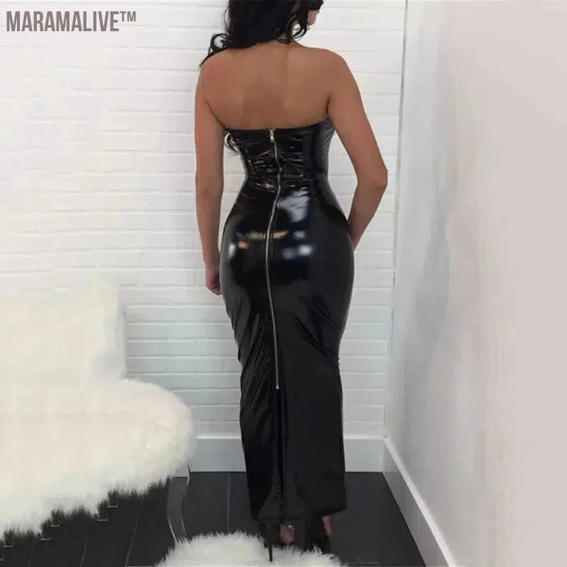 Women Sexy Latex Leather Tube Top Dress Black PU Slim Dress Large Size Sleeveless Strapless Bodycon Faux Leather Dresses Custom