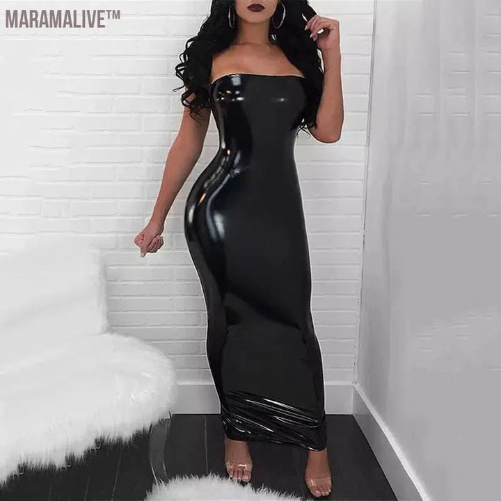 Women Sexy Latex Leather Tube Top Dress Black PU Slim Dress Large Size Sleeveless Strapless Bodycon Faux Leather Dresses Custom