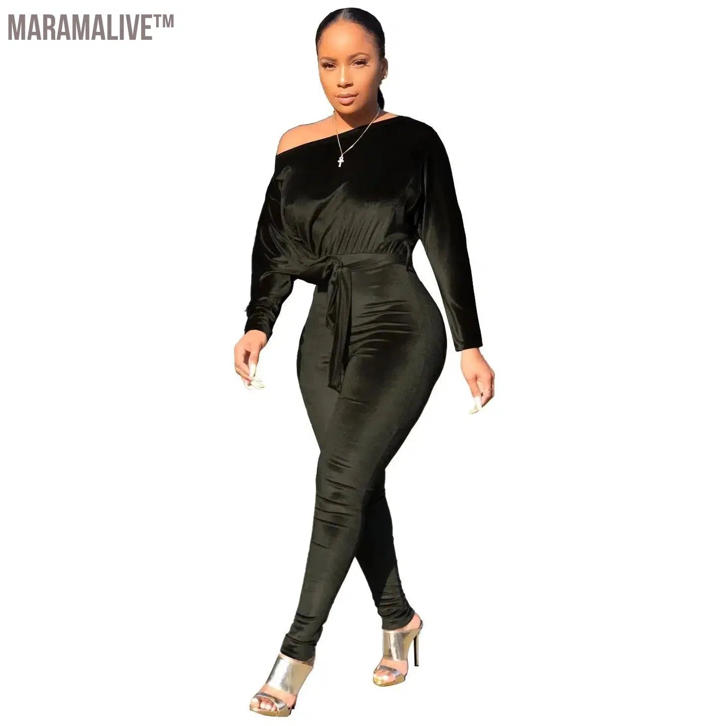 Women Sexy Long Sleeve Elegant Velvet Jumpsuit Autumn And Winter Fashion Solid Color Elastic Force Straight Shoulder Jumpsuit