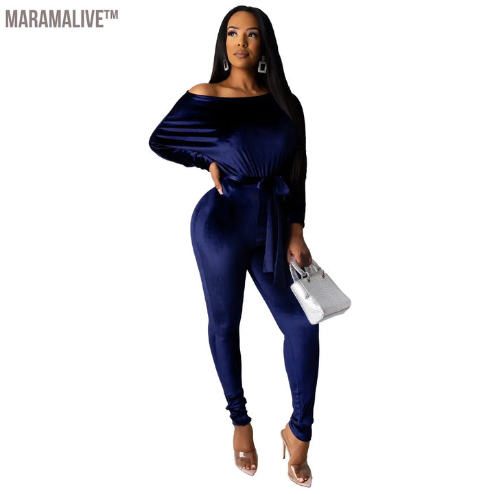 Women Sexy Long Sleeve Elegant Velvet Jumpsuit Autumn And Winter Fashion Solid Color Elastic Force Straight Shoulder Jumpsuit