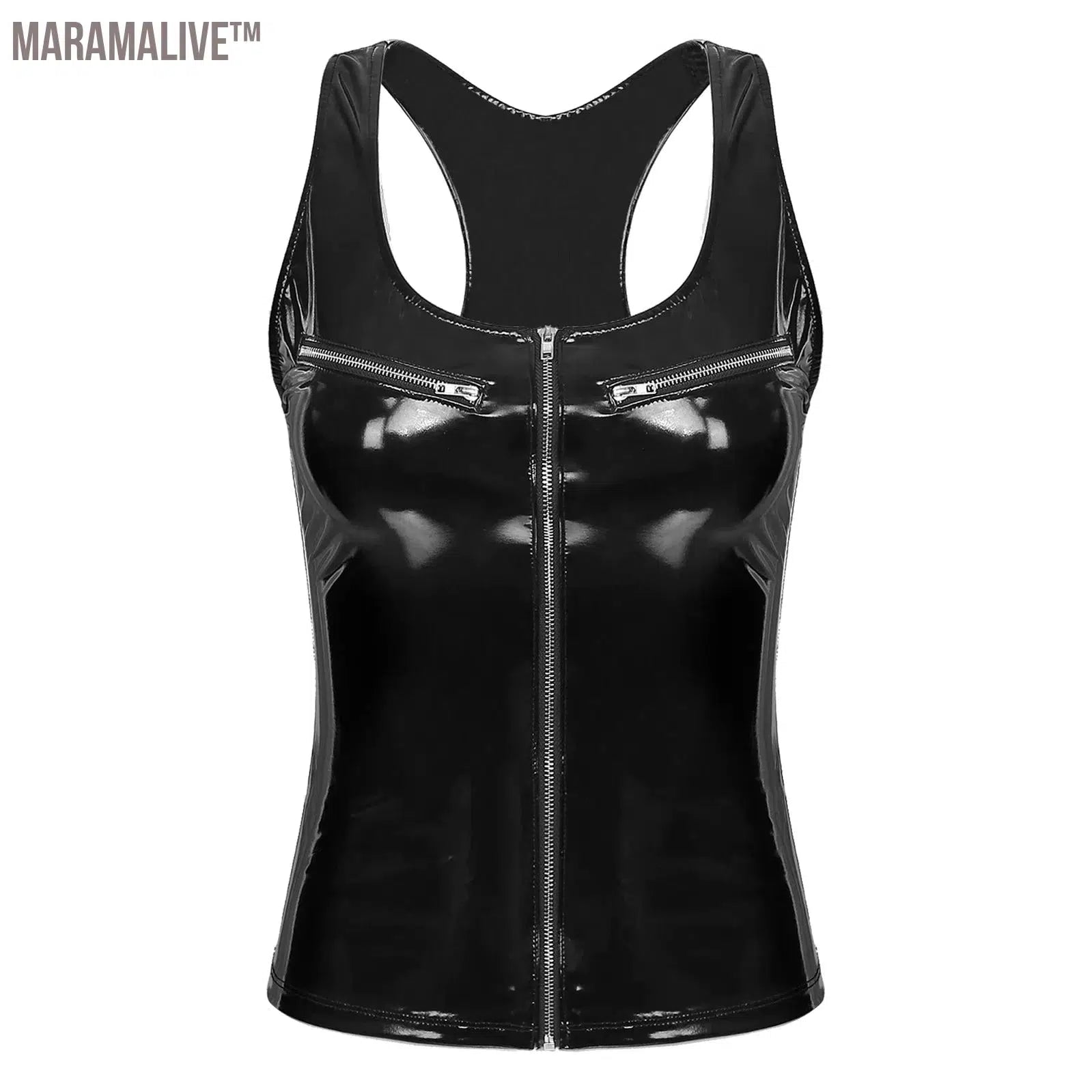 Women Sexy Patent Leather Tank Crop Tops Summer Nightclub PVC Camis Bodycon Vest Zip Gothic Slim PU Tees Clothing Custom Party