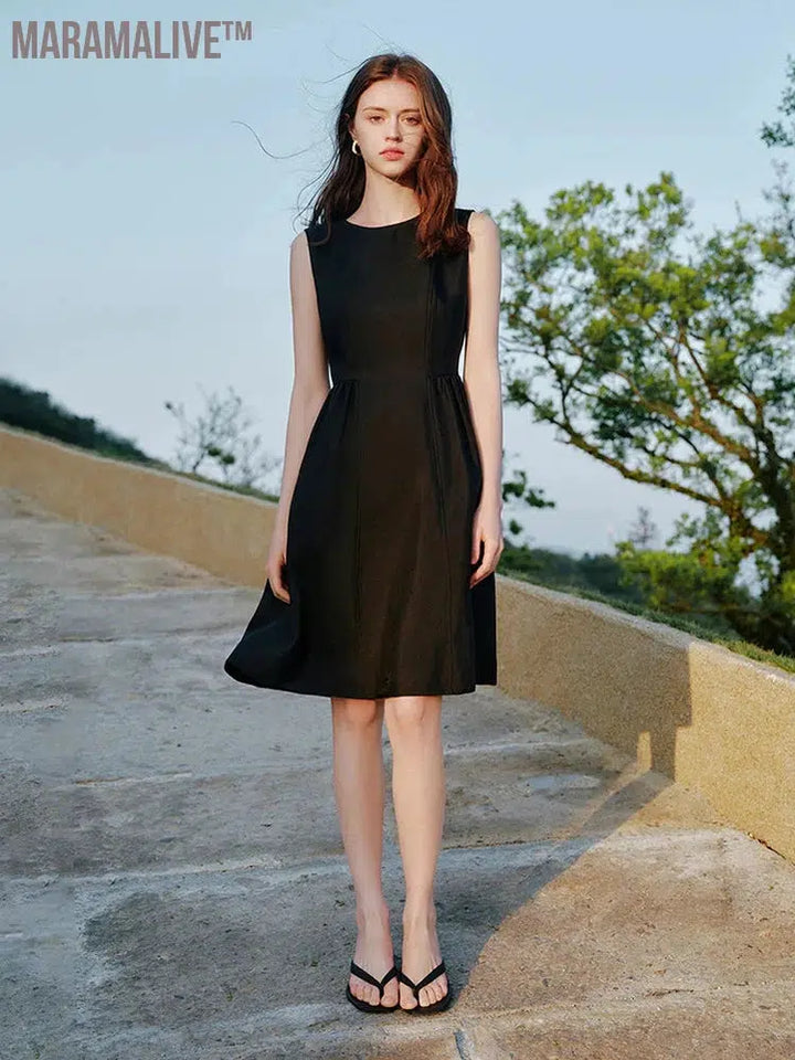 Women Sleeveless Long Dress Black Knee-Length A-LINE Dress 2024 Summer Elegant Office Lady Dress