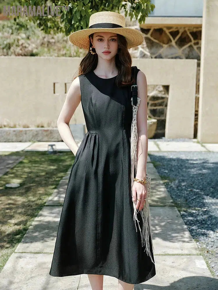 Women Sleeveless Long Dress Black Knee-Length A-LINE Dress 2024 Summer Elegant Office Lady Dress