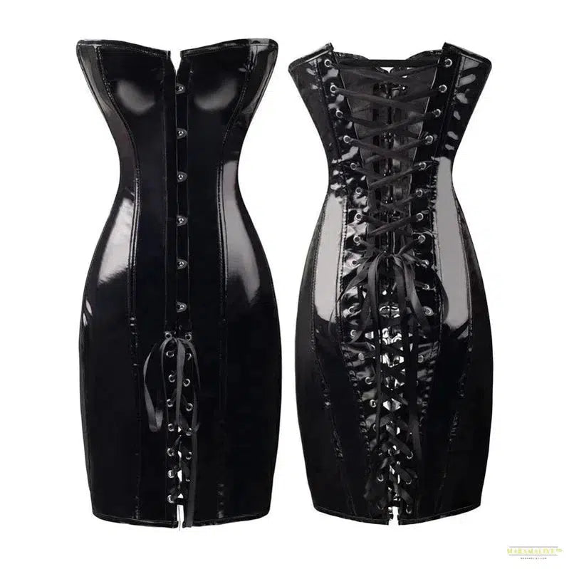 Women Steampunk PVC Corset Dress PU Leather Overbust Bustier Waist Tranier Nightclub Strapless Bodycon Dress