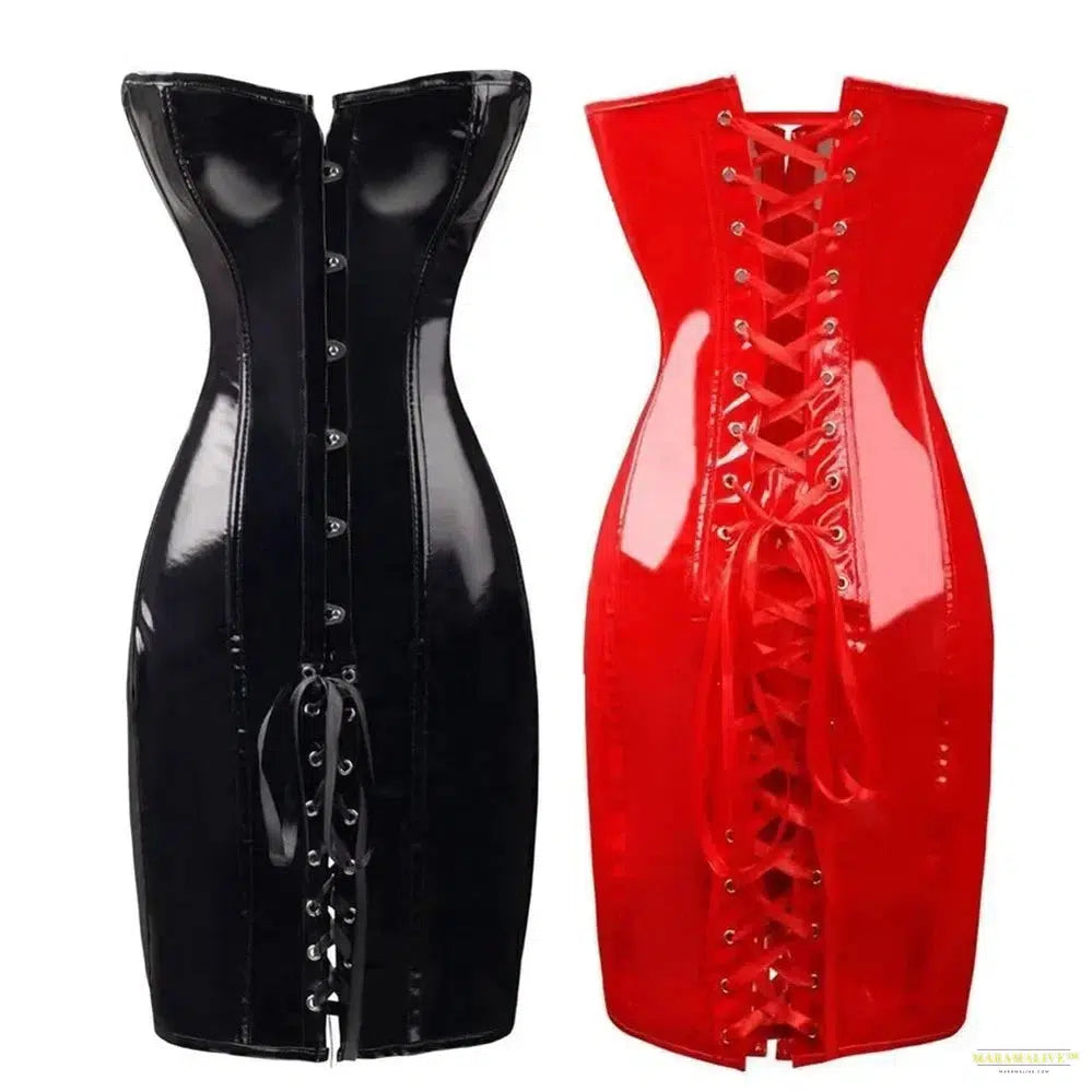 Women Steampunk PVC Corset Dress PU Leather Overbust Bustier Waist Tranier Nightclub Strapless Bodycon Dress