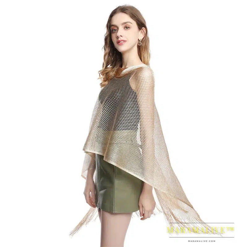 Women Sun Protection Shawl Lady Hollow Out Summer Poncho Holiday Bikini Blouse Breathable Beach Cape Tassel Solid Color Cloak