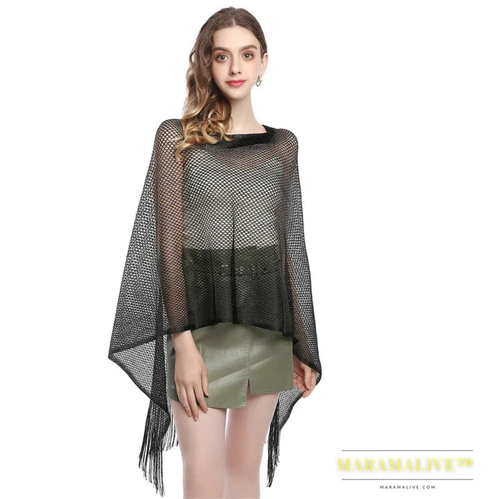 Women Sun Protection Shawl Lady Hollow Out Summer Poncho Holiday Bikini Blouse Breathable Beach Cape Tassel Solid Color Cloak