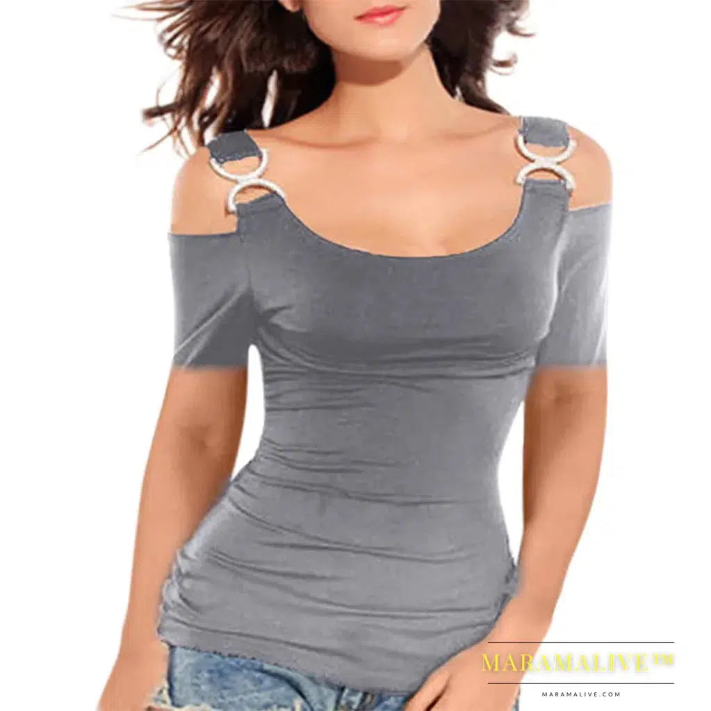 Women T-shirt Solid Off Shoulder Tops Metal Buckle Strap Summer Short Sleeve Sexy Tops Female Tees Solid Tshirt 2024