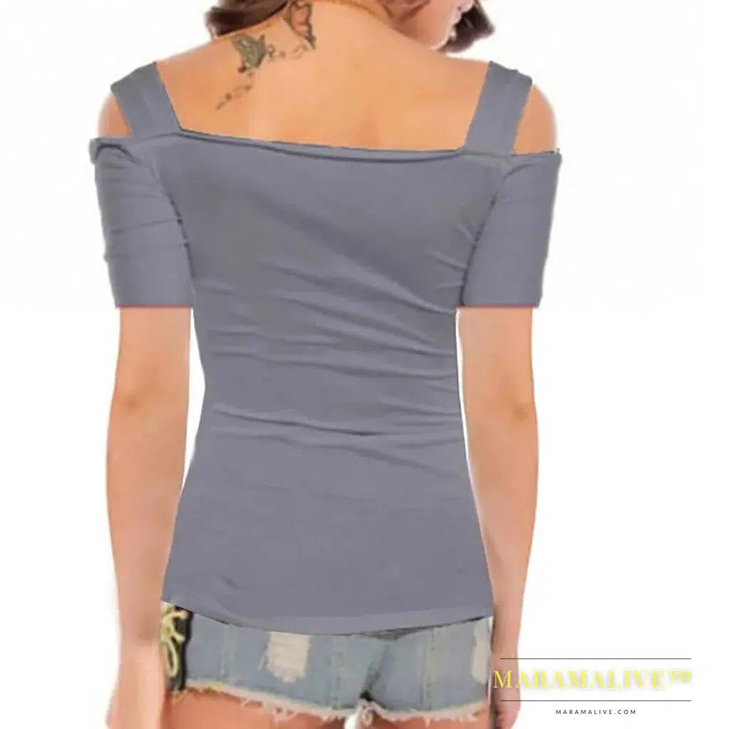 Women T-shirt Solid Off Shoulder Tops Metal Buckle Strap Summer Short Sleeve Sexy Tops Female Tees Solid Tshirt 2024