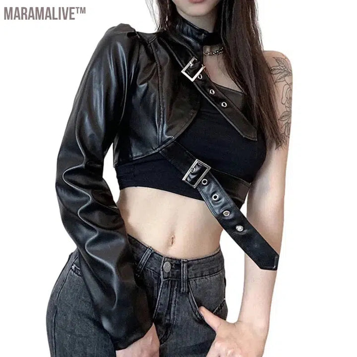 Women Top Punk Style Crop Tops Spring Autumn Clothes Long Sleeve Leather Belt Tees Female Clothing Sexy Club y2k Streetwear