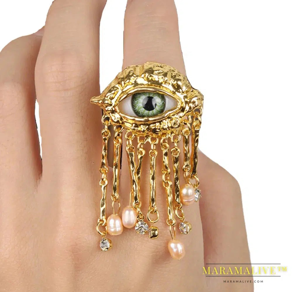 Women Vintage Eyes of Demon Ring Exaggerated Trendy Style Imitated Pearl Girls Devil's Eye Delicate Tassels Rings Jewelry Deluxe