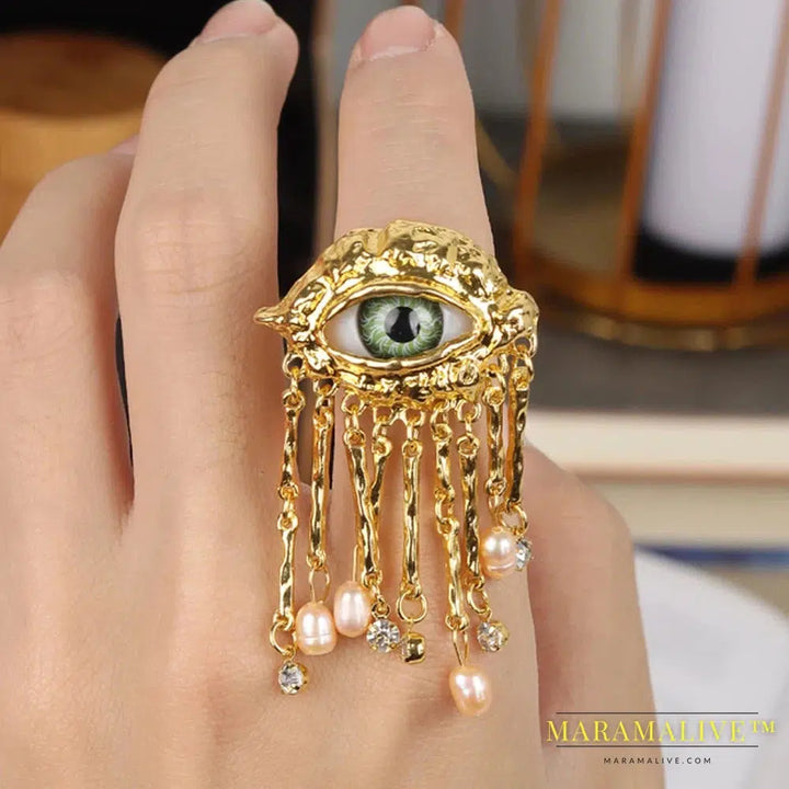 Women Vintage Eyes of Demon Ring Exaggerated Trendy Style Imitated Pearl Girls Devil's Eye Delicate Tassels Rings Jewelry Deluxe