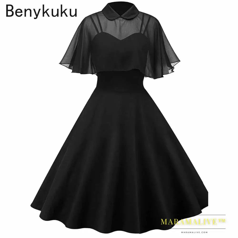 Women Vintage Gothic Cape Black Dress 2024 Autumn Two Piece Mesh Cloak Sleeves Peter Pan Collar Elegant Retro Goth Party Dresses