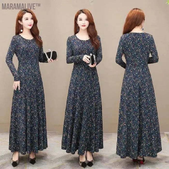 Women's Autumn and Winter Style Long-Sleeved round Neck Floral Dress Slim Fit Large Size Large Swing Dress Mom Dress Eleg