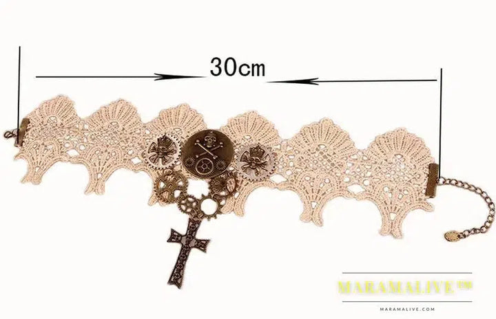 Women`s Beige Lace with Vintage Gears and Skull Steampunk Lace Choker Collar Necklace Jewelry