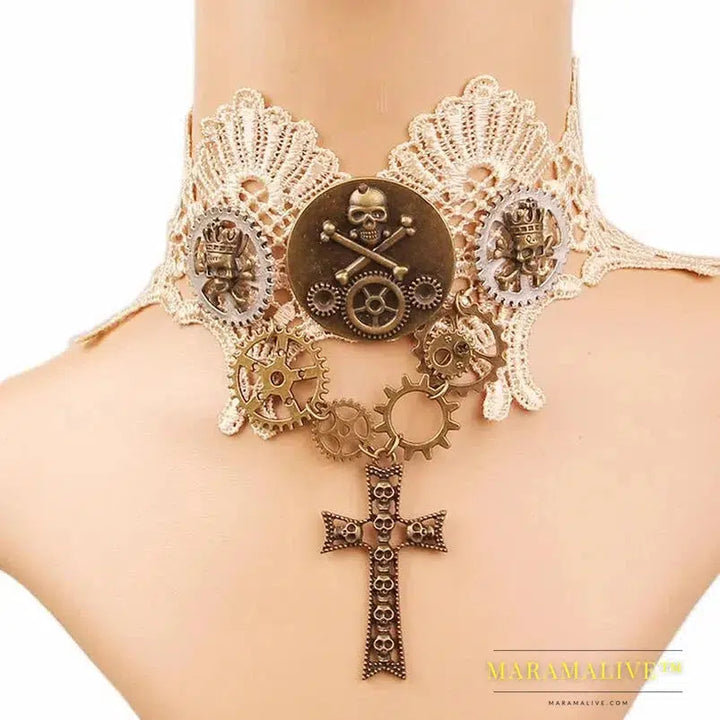 Women`s Beige Lace with Vintage Gears and Skull Steampunk Lace Choker Collar Necklace Jewelry