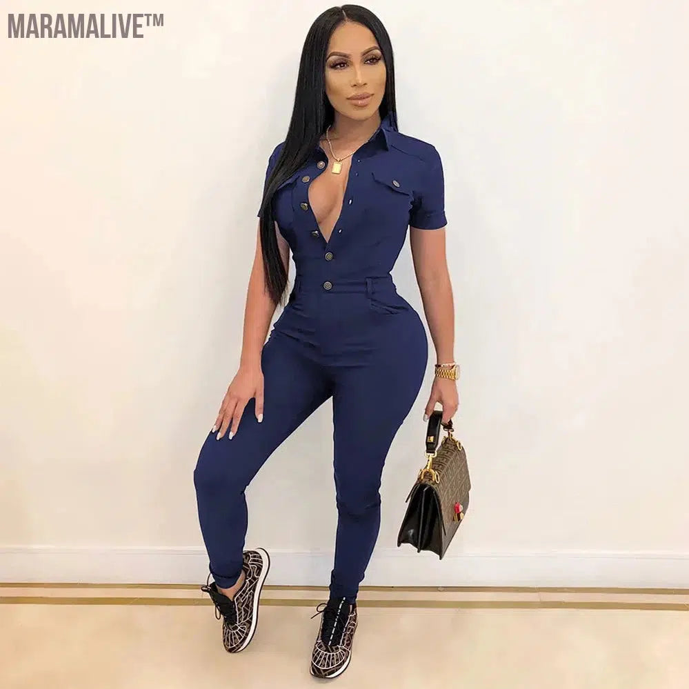 Women's Casual Solid Color Lapel Short-Sleeved Single-Breasted Jumpsuit Fashion Straight-Leg Jumpsuit Pants Urban Style