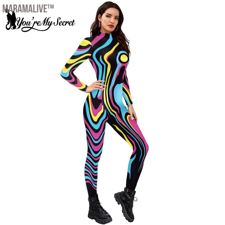 Women's Catsuit Fashion Funny Halloween Cosplay Costumes 3D Skeleton Muscle Print Zentai Bodysuit Jumpsuits