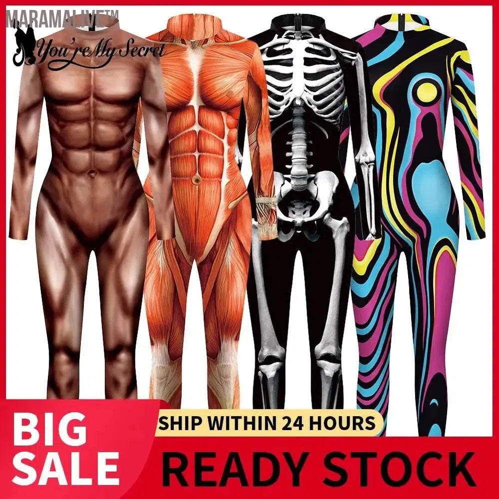 Women's Catsuit Fashion Funny Halloween Cosplay Costumes 3D Skeleton Muscle Print Zentai Bodysuit Jumpsuits