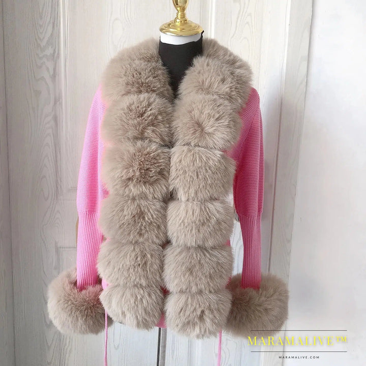 Women's Cropped Sweater Cardigan Spring Autumn Hot Sale Faux Fur Knit Sweater Cardigan with Faux Fox Fur Fur Collar Ladies Coat