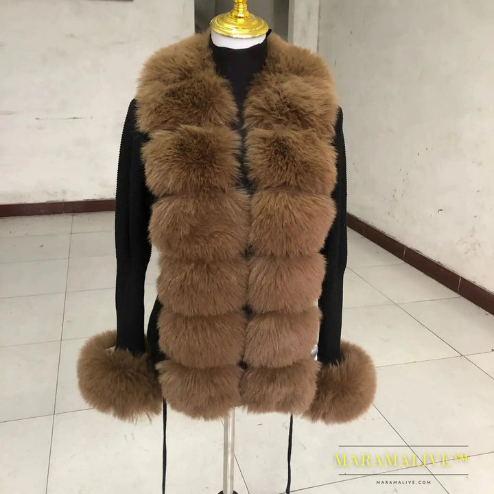 Women's Cropped Sweater Cardigan Spring Autumn Hot Sale Faux Fur Knit Sweater Cardigan with Faux Fox Fur Fur Collar Ladies Coat