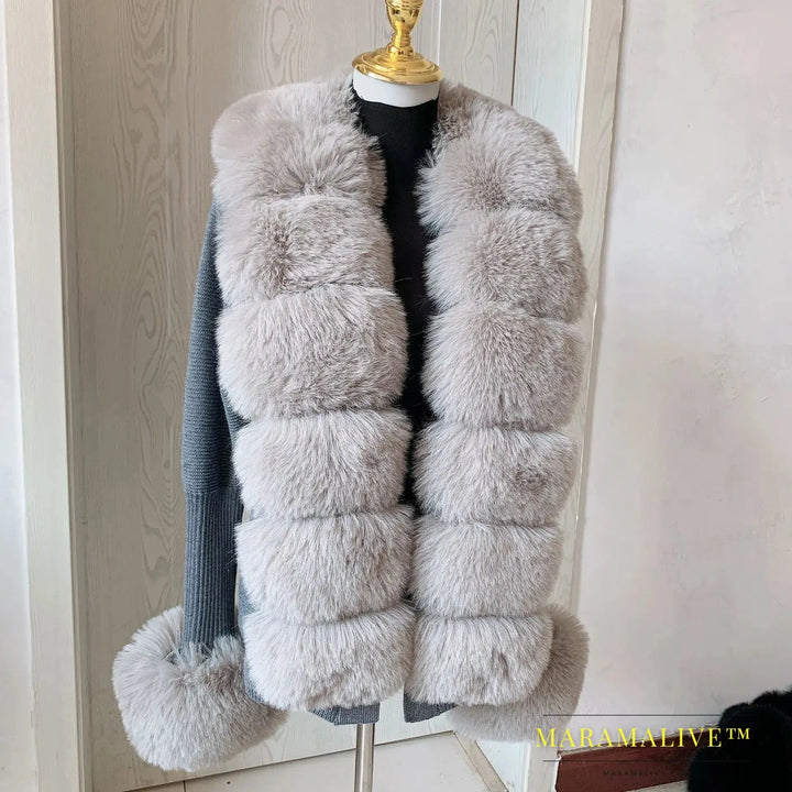 Women's Cropped Sweater Cardigan Spring Autumn Hot Sale Faux Fur Knit Sweater Cardigan with Faux Fox Fur Fur Collar Ladies Coat